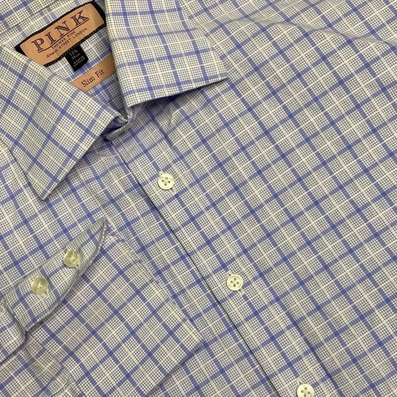 Thomas Pink Men’s Long Sleeve‎ Blue Plaid Button Up Slim Fit 15.5 39cm Shirt - Picture 1 of 6